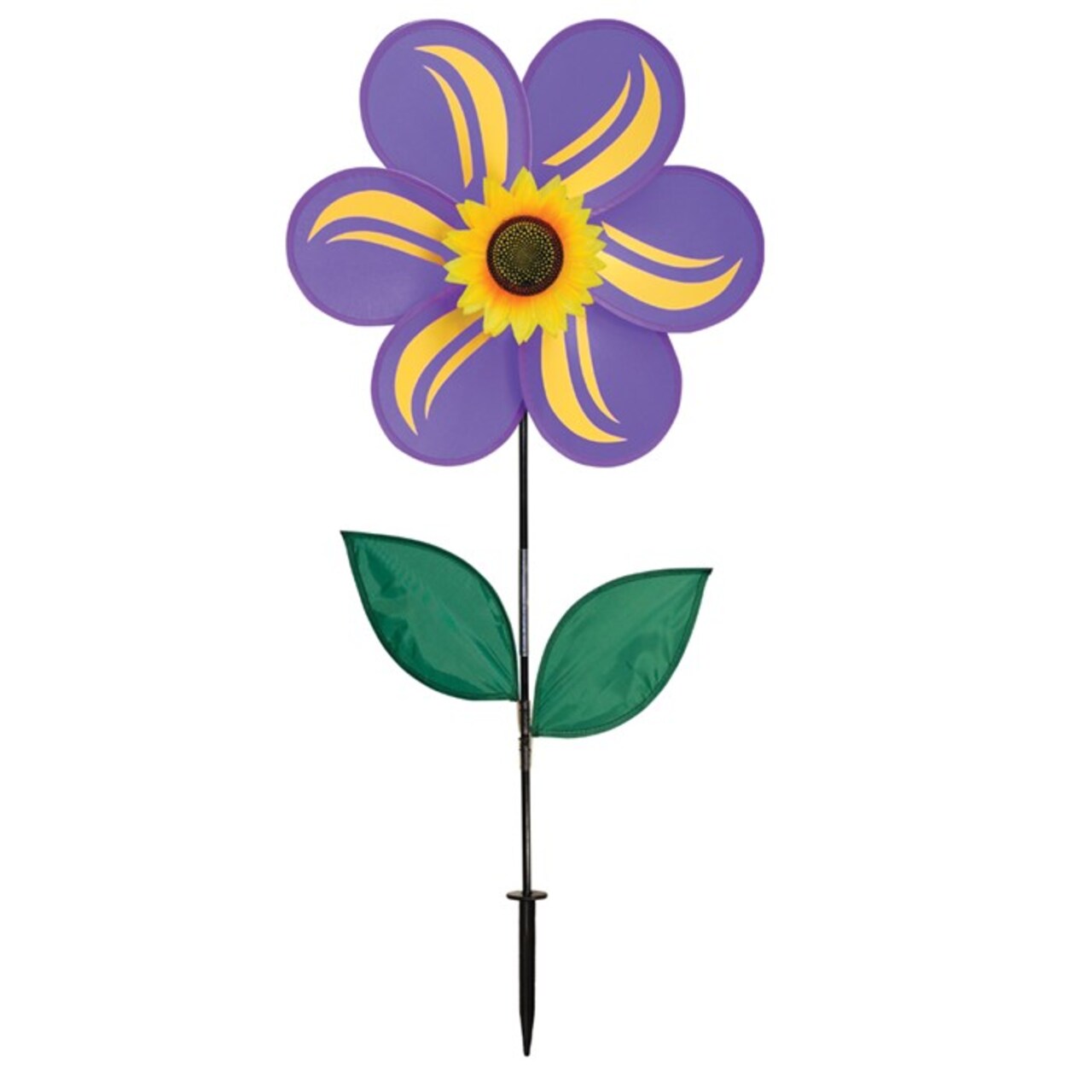 In the Breeze 19 Inch Purple Sunflower Wind Spinner with Leaves - Includes Ground Stake - Colorful Flower for your Yard and Garden